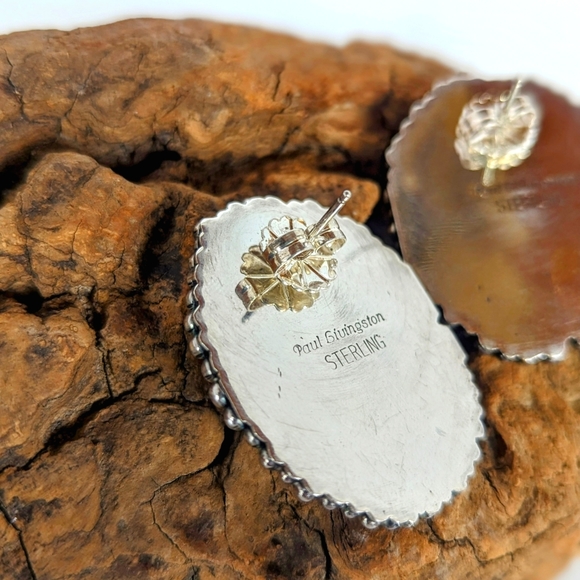 Large Vintage Turquoise Native American Paul Livingston Sterling Silver Earrings - Picture 3 of 4